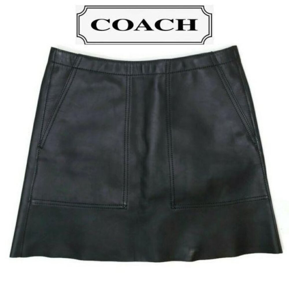 Coach Black Leather Mini Skirt With Back Zip and faux pockets sexy classic - Picture 2 of 11